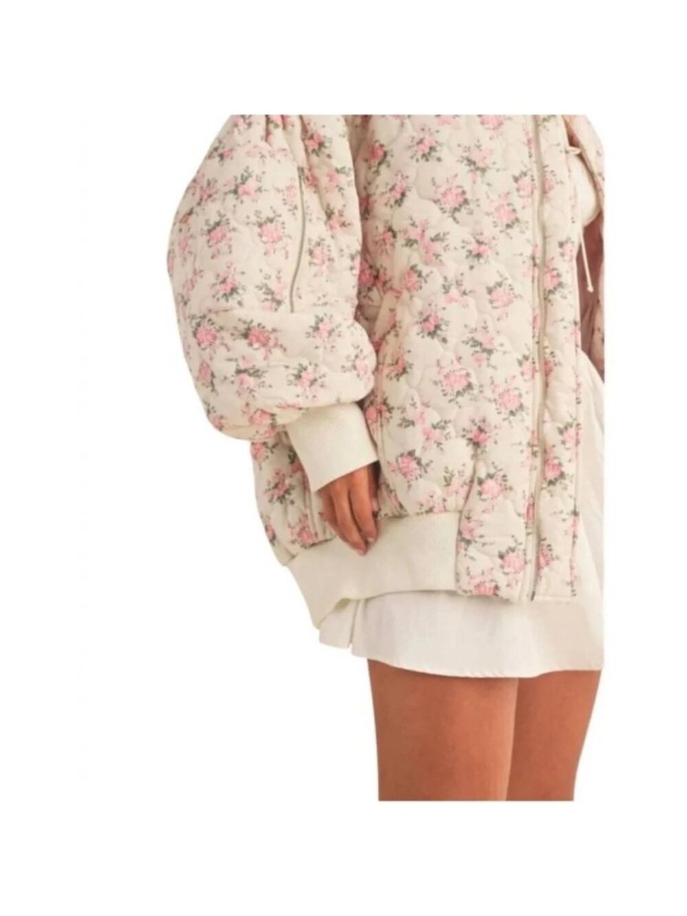 Mable Mallory Oversized Floral Bomber Jacket SMALL Cream Pink Anthropologie - Picture 3 of 13